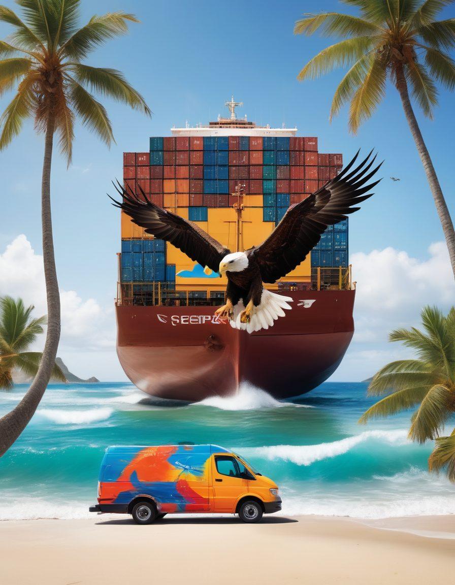 A sleek eagle soaring above a vibrant beach scene with bikini-clad tourists enjoying their time. Below, a colorful cargo ship with the Eagle and Bikini Transport Solutions logo, set against a backdrop of waves and palm trees. Incorporate elements of efficiency and movement, such as arrows or speed lines, to symbolize streamlined shipping. super-realistic. vibrant colors. sunny day.