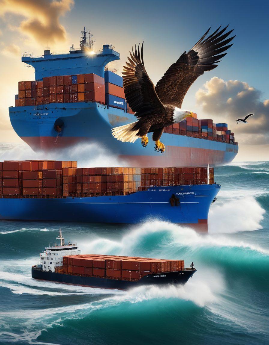 A striking seascape depicting a majestic eagle soaring above vibrant blue waters, symbolizing freedom and navigation. In the foreground, a modern cargo ship equipped with advanced logistics technology navigates through waves towards a sandy shore. Incorporate elements like shipping containers and futuristic communication devices, blending nature and technology seamlessly. The scene radiates innovation and efficiency in marine delivery. super-realistic. vibrant colors. white background.